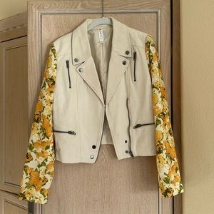 Mural Spring Jean Bomber Jacket with Floral Sleeves